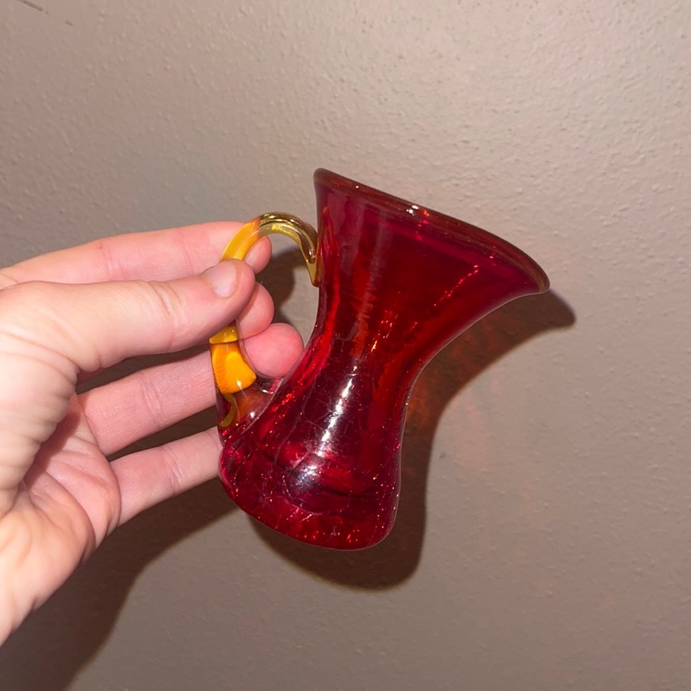Miniature Amberina Crackle Pitcher Shaped Vase with Applied Yellow Handle